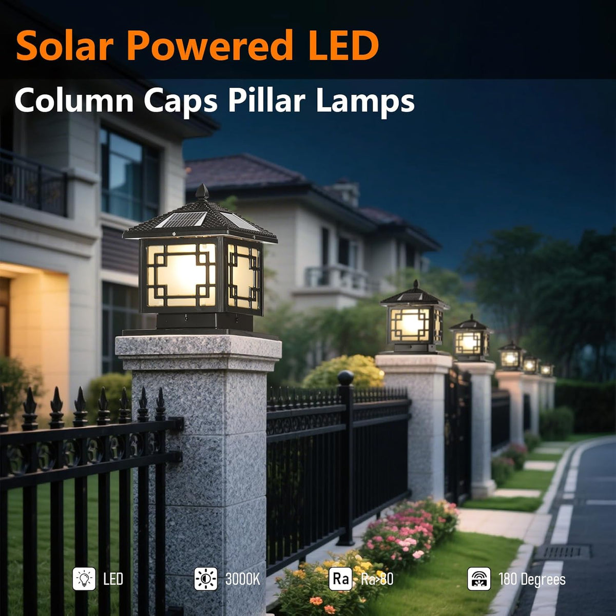 SLAWA 9.8In Solar Lighting Lantern Outdoor Post Caps Light with Solar Powered LED Column Lamp Black