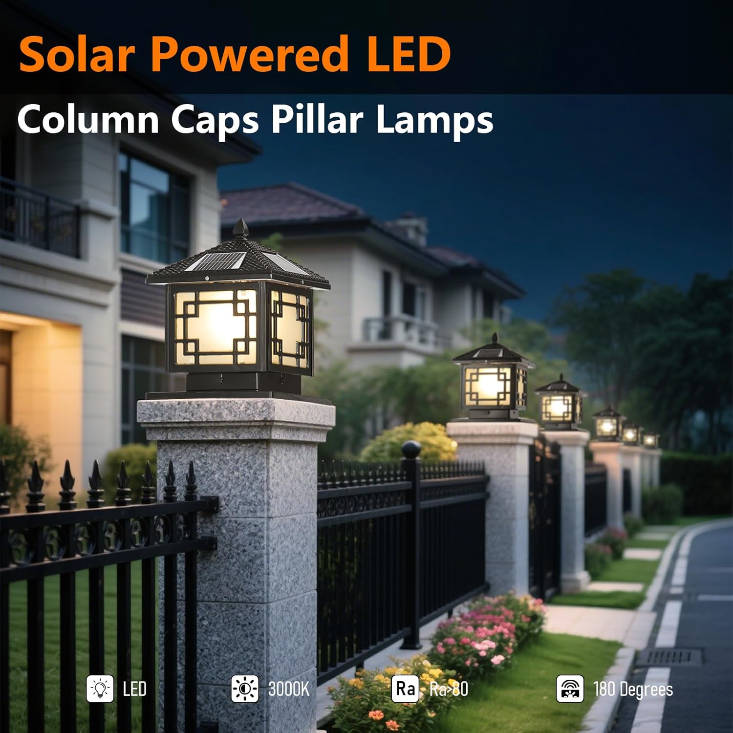 SLAWA 9.8In Solar Lighting Lantern Outdoor Post Caps Light with Solar Powered LED Column Lamp Black