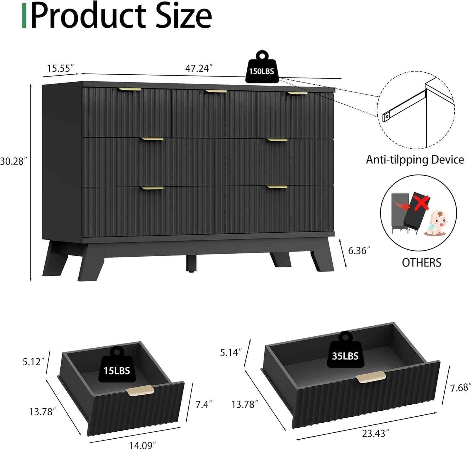 Fluted Dresser for Bedroom with 7 Drawers, 48" Wide Chest of Drawers with Metal Handle, Modern Wood
