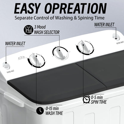 Portable Mini Twin Tub 18lbs Washing Machine With Drying Rack& 10 Hangers, 11lbs Washer & 7lbs