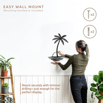 Metal Palm Tree with Sunset Wall Art, Large Outdoor Wall Decor, Tropical Beach Decor for Living