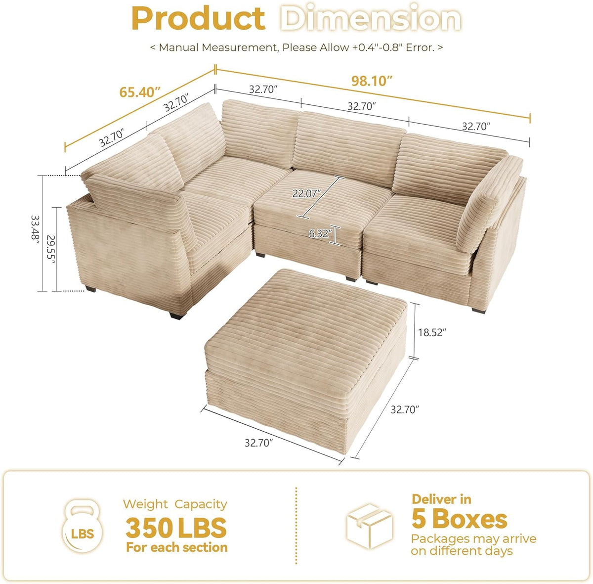 HOOOWOOO Modular Sectional Sofa,5 Pieces Sectional Couches for Living Room,98X66 L Shaped Cloud
