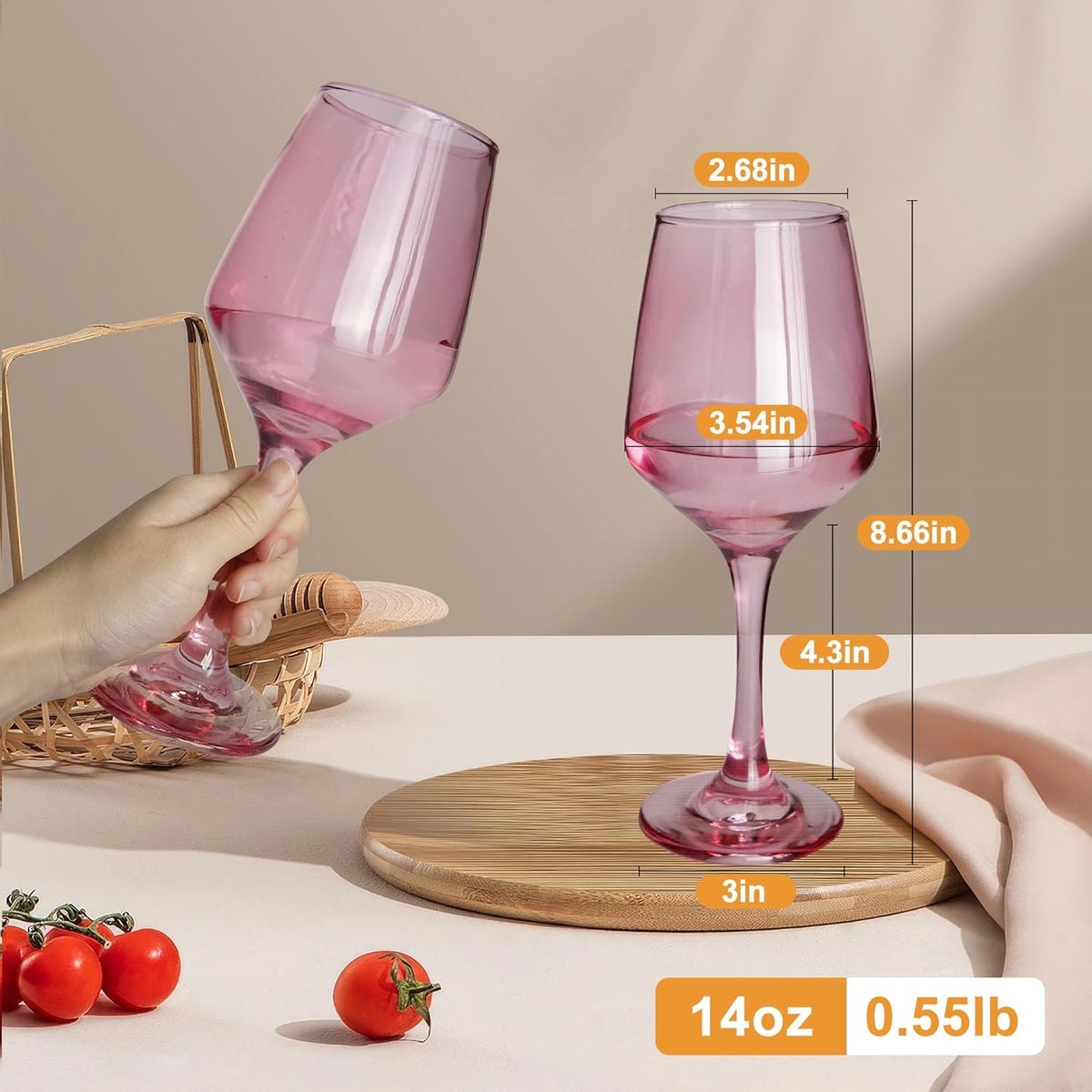 Pink Wine Glasses Set of 6-14oz Pink Long Stem Wine Glass, Pretty Crystal Glassware, Hand Blown