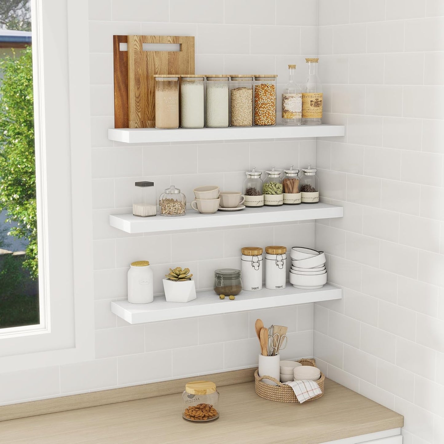 Fun Memories 30 Inch Floating Shelves Set of 3, Farmhouse White Wall Shelves for Kitchen, Living