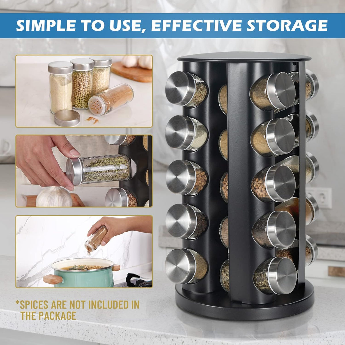 Black Countertop Revolving Spice Rack, Empty 20-Jars Rotating Spice Rack Organizer, Round Carousel