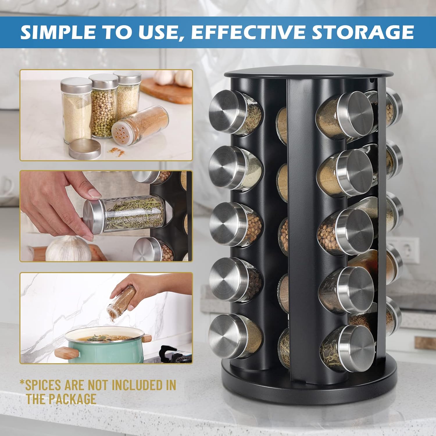 Black Countertop Revolving Spice Rack, Empty 20-Jars Rotating Spice Rack Organizer, Round Carousel