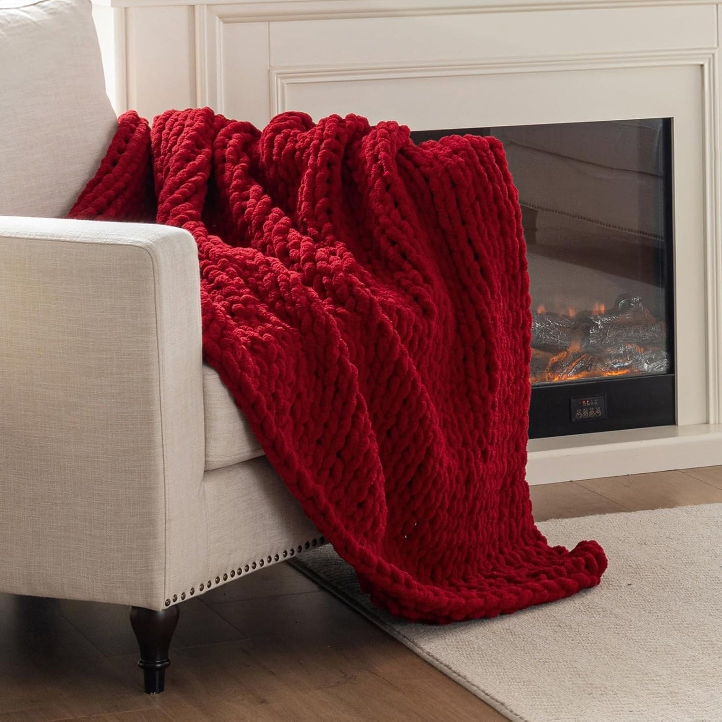 Chunky Knit Blanket Throw, 100% Hand Knit Throw Blanket Handmade Chenille Cable Knit Throw for