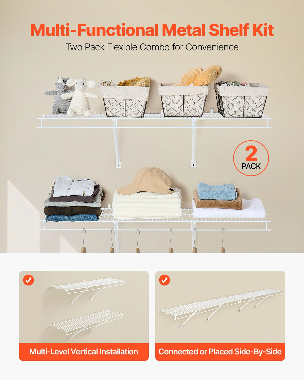 VEVOR Wire Shelf Kit, 4 ft, Set of 2, Wall Mounted Wire Shelves, Heavy-Duty Carbon Steel Hanging