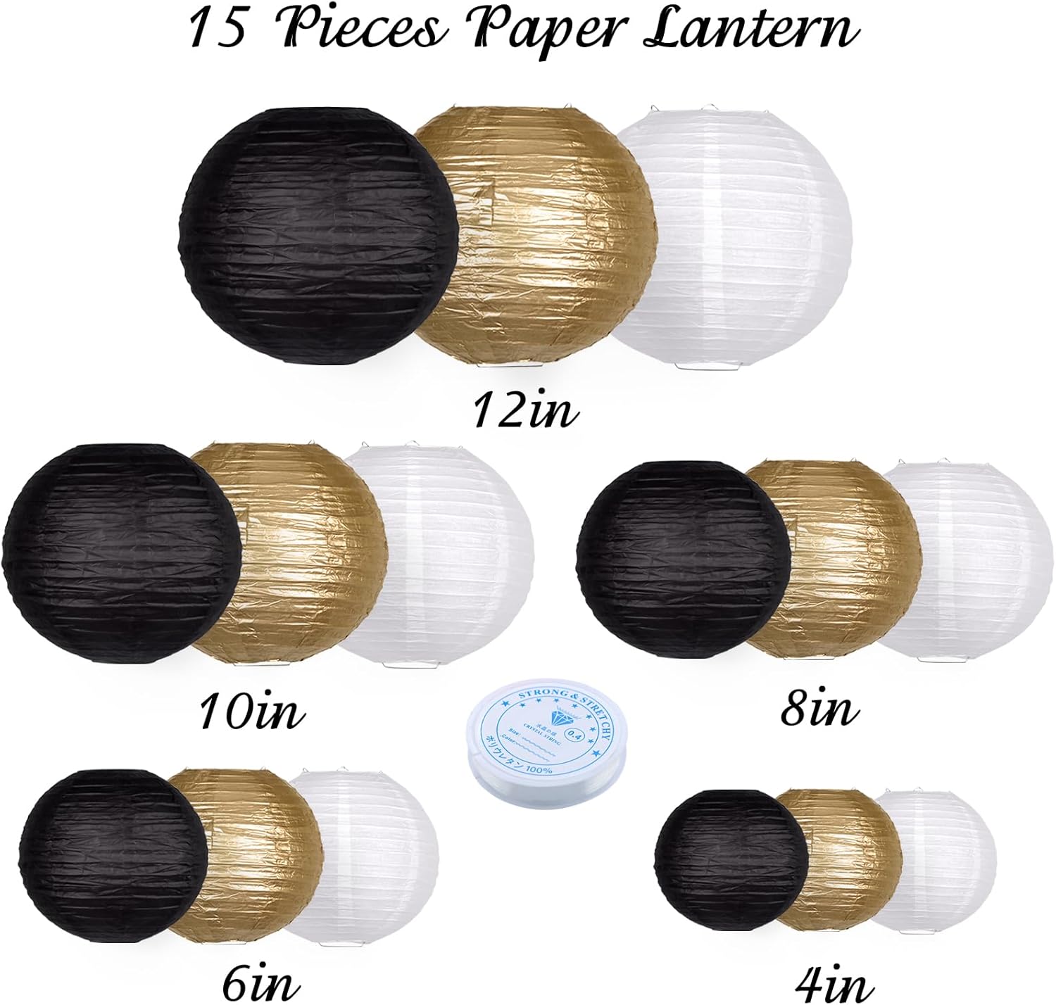 15pcs Paper Lanterns Black Gold Round Hanging Chinese Paper Lanterns 4" 6" 8" 10" 12" for