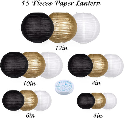 15pcs Paper Lanterns Black Gold Round Hanging Chinese Paper Lanterns 4" 6" 8" 10" 12" for