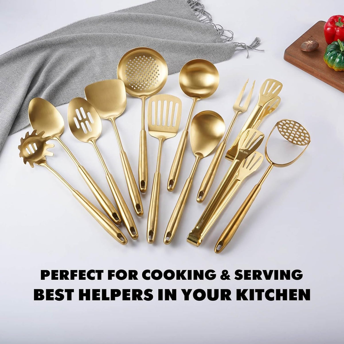 Gold Kitchen Utensils Set, 12 PCS Brass Matte Serving Utensils, 18/10 Stainless Steel All Metal