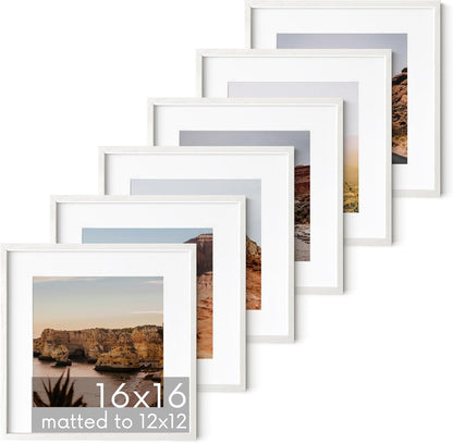 HAUS AND HUES Solid Oak Wood 16”x16” Picture Frames Matted to 12”x12” Set of 6 - White Picture