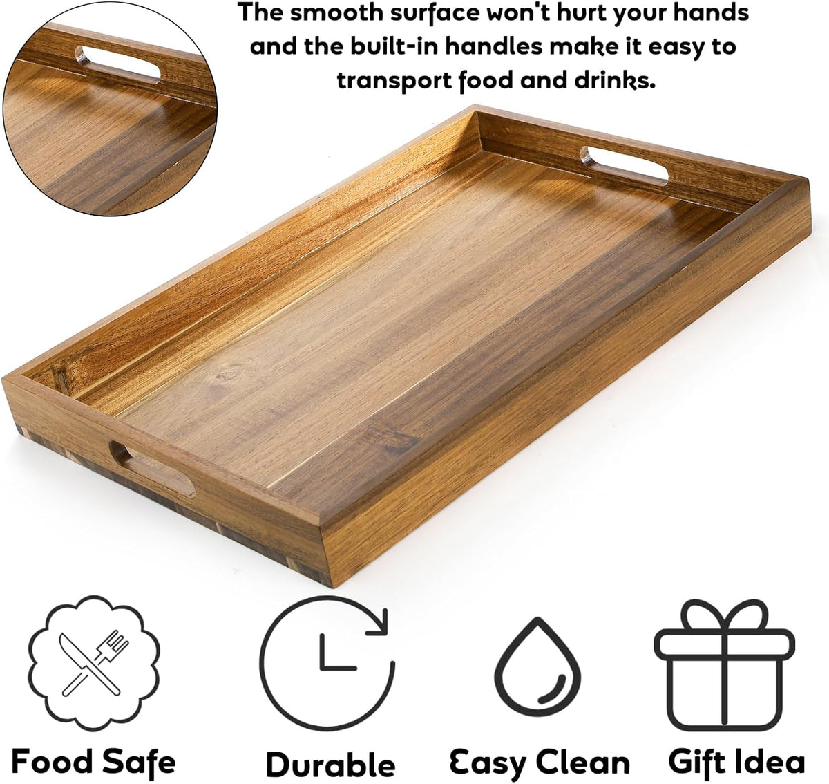 YOUEON 2 Pack Large Acacia Wood Serving Tray with Handles, 17x12 Inch Decorative Wood Trays for