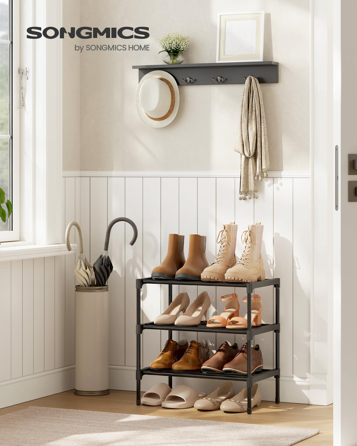 SONGMICS 3-Tier Shoe Rack, Stackable Compact Metal Shoe Storage Organizer