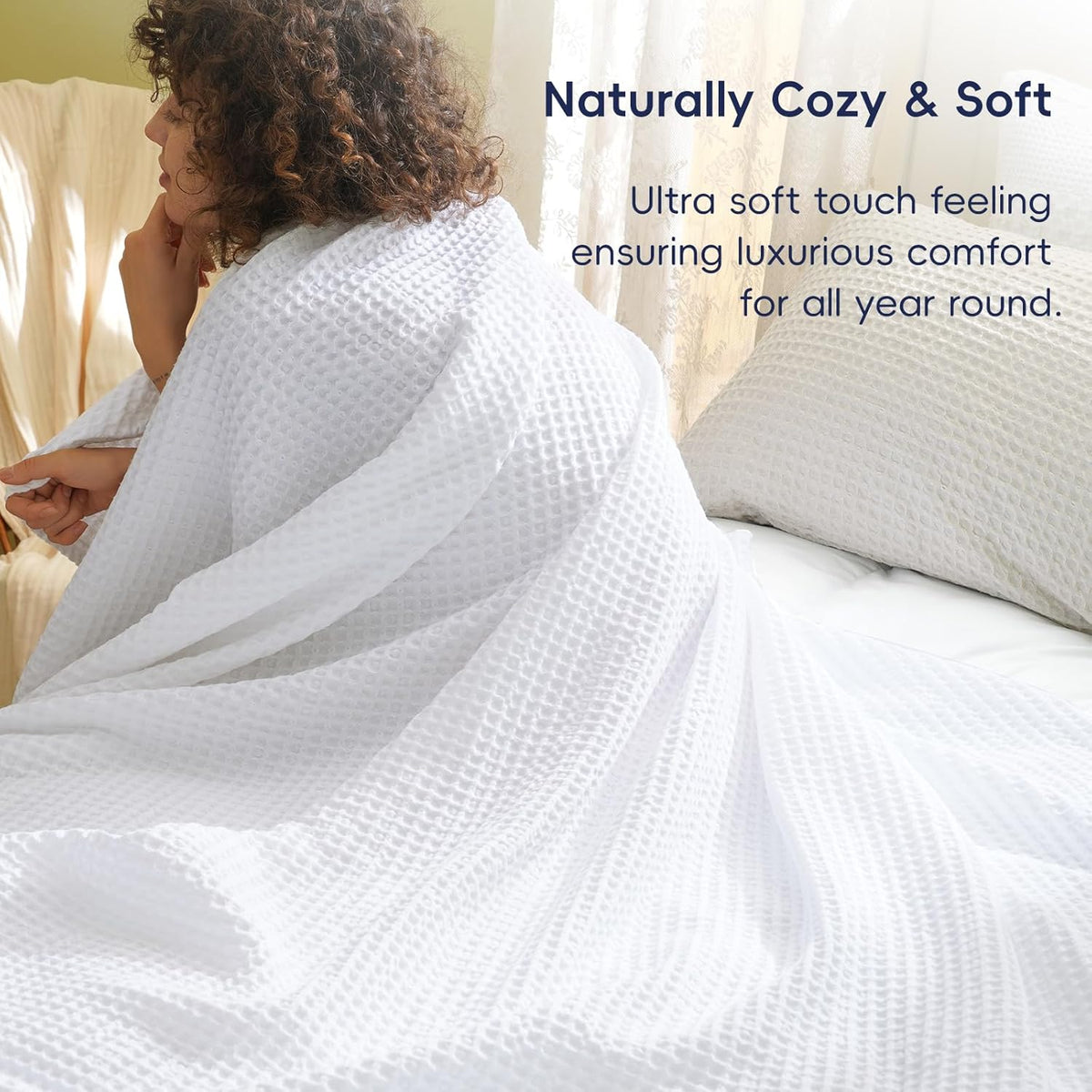 PHF Ultra Soft Waffle Weave Blanket Queen Size 90"x 90"- Washed Lightweight Breathable Cozy Woven