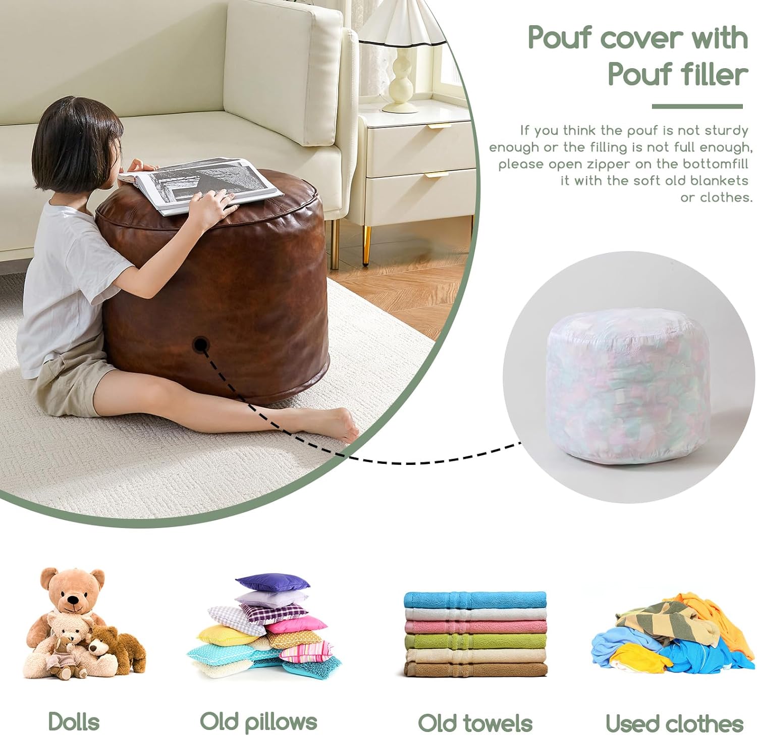 HIGOGOGO Round Stuffed Pouf Ottoman, Pu Leather Poufs with Foam Chunk Filling, Furry and Fluffy