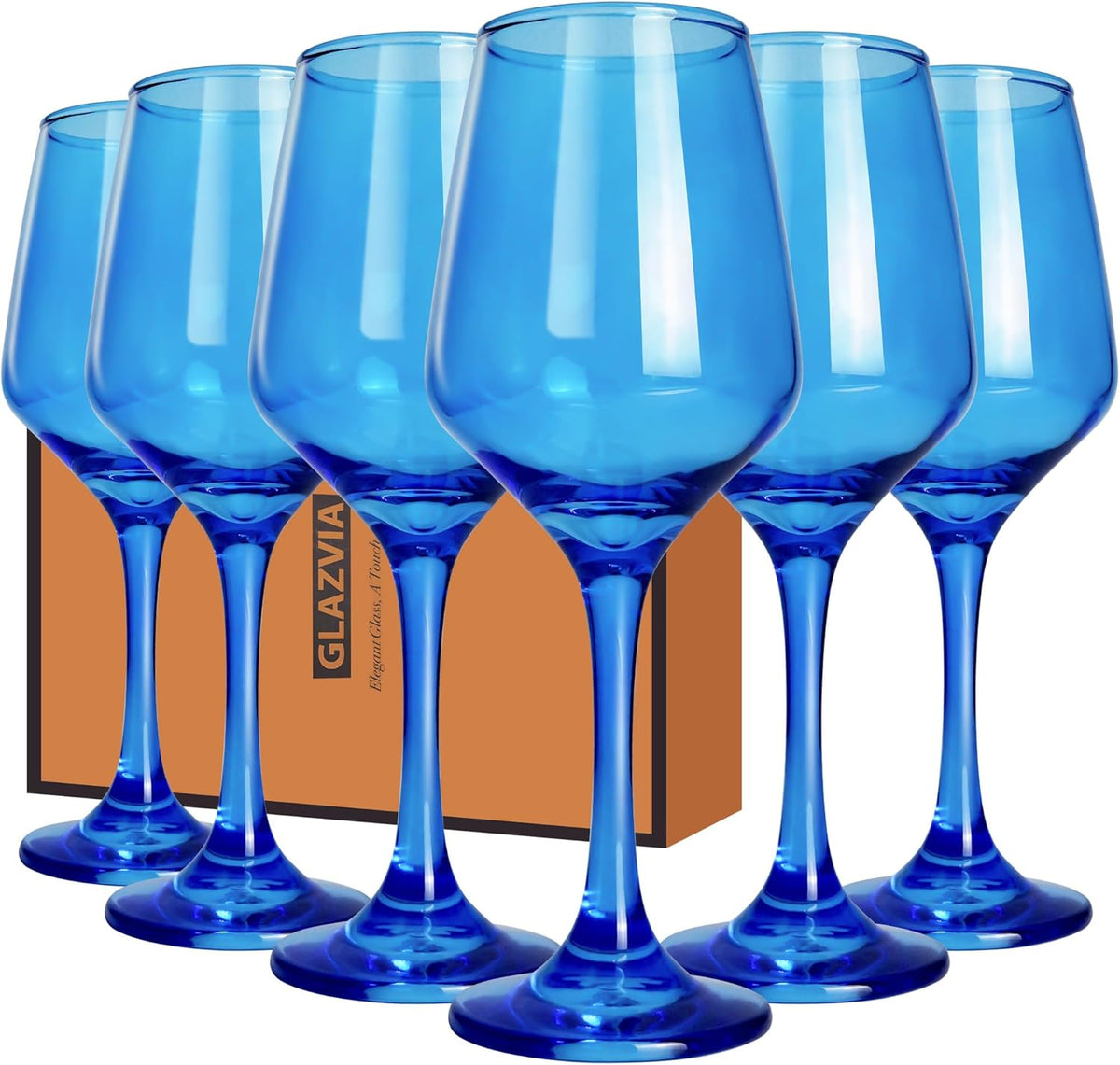 Blue Wine Glasses Set of 6-14oz Blue Long Stem Wine Glass, Pretty Crystal Glassware, Hand Blown
