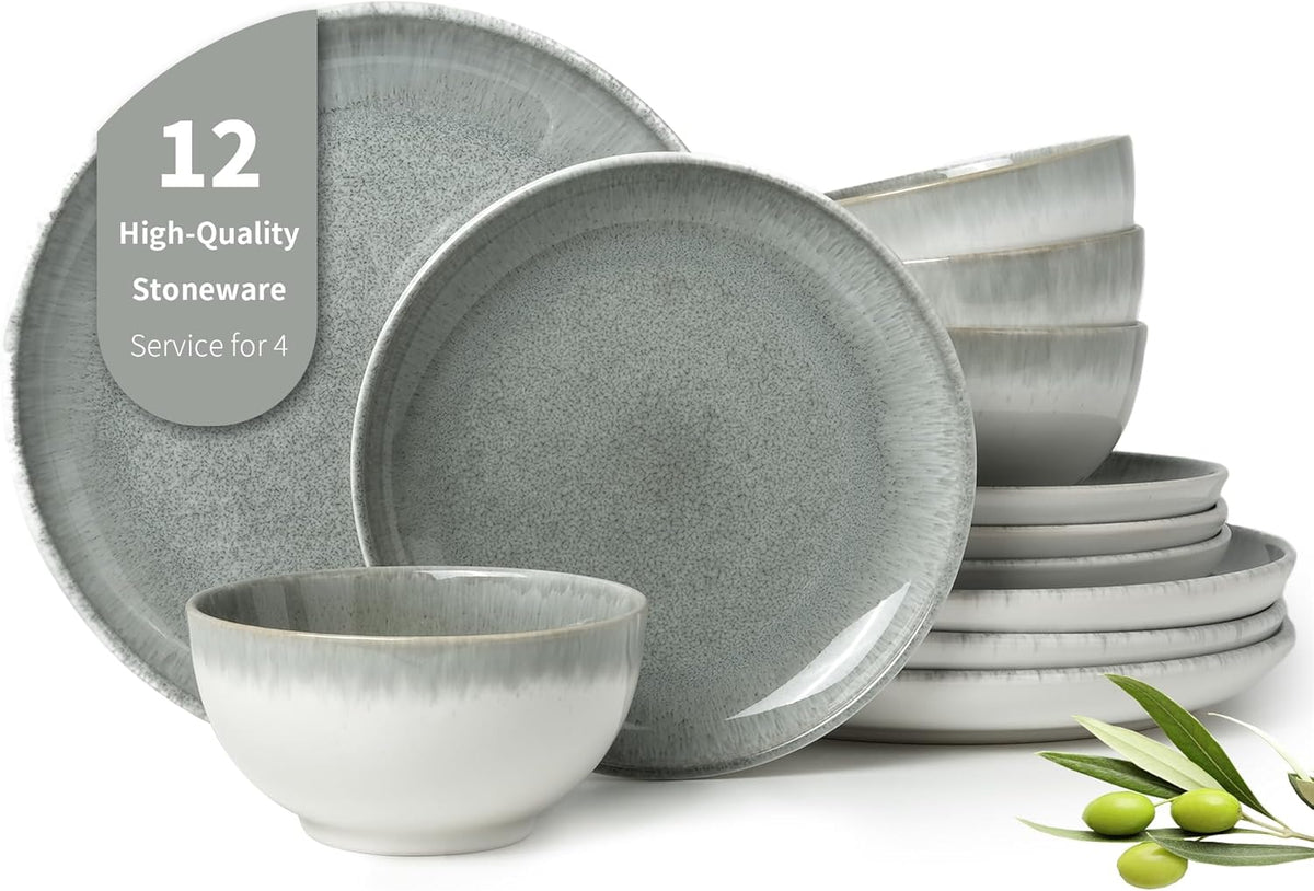 Gradient Green Stoneware Dinnerware Sets, 12 pcs Reactive Glaze Plates and Bowls Sets, Handmade