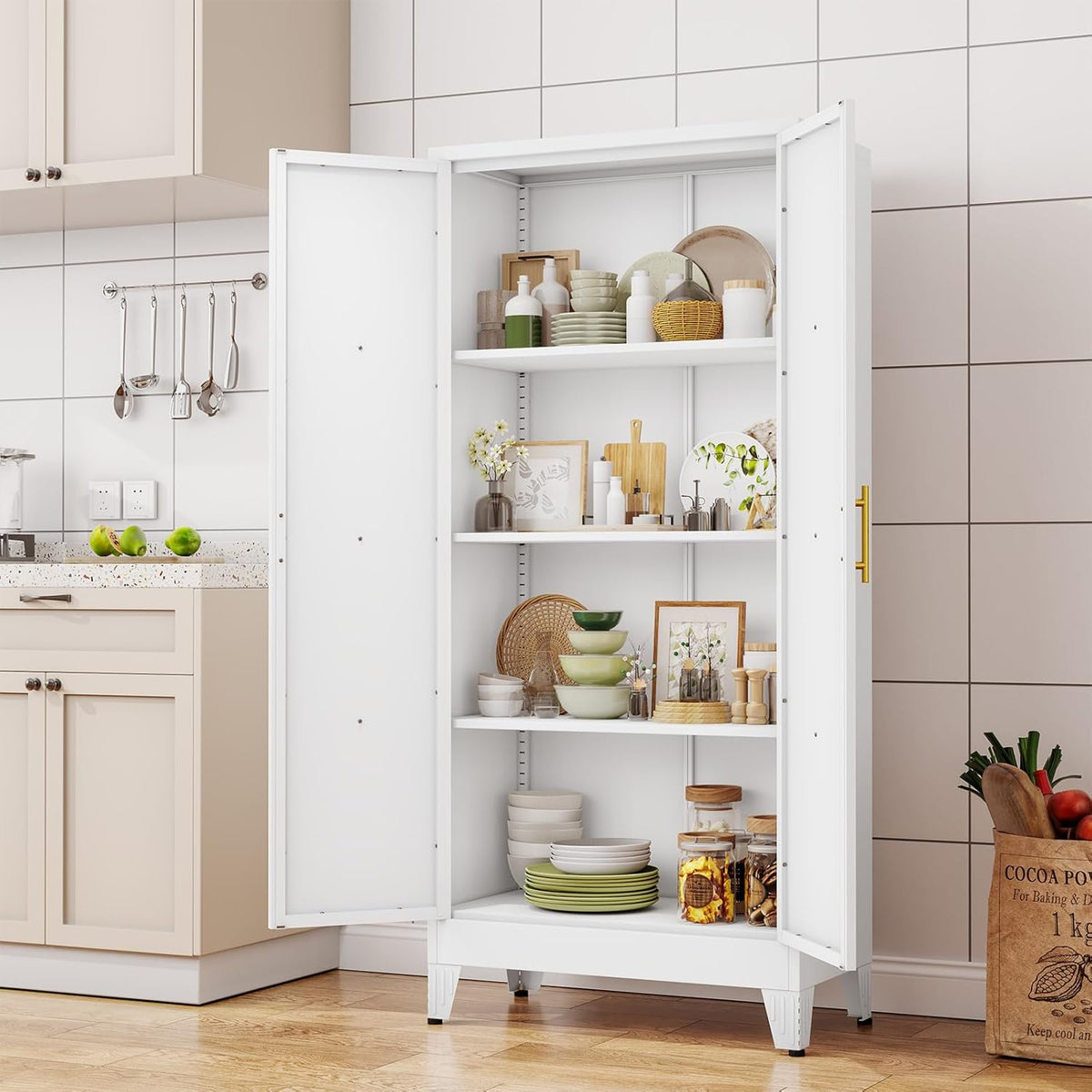 61" H Metal Kitchen Pantry Storage Cabinet, Freestanding Cupboard with 2 Doors and 3 Adjustable