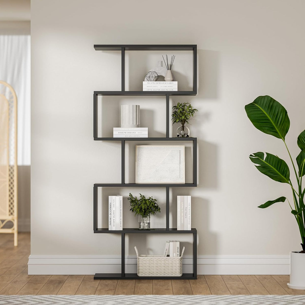 Black 5-Tier Geometric Bookcase, S-Shaped Modern Bookshelf Set of 2, 62.6" Tall Room Divider Book