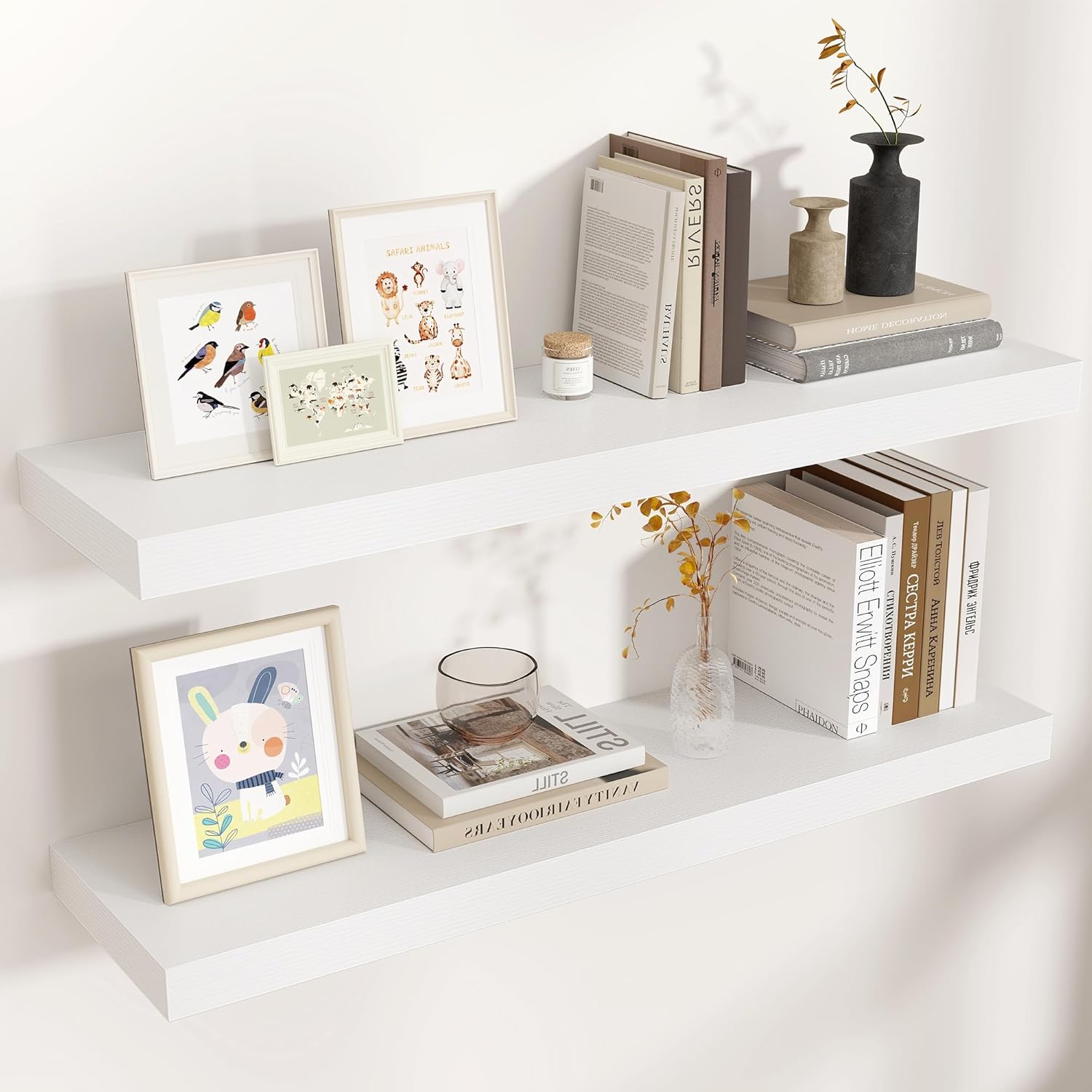 Floating Shelves for Wall, 2 Large Wall Mounted Shelves with Invisible Brackets, Long Wood Floating