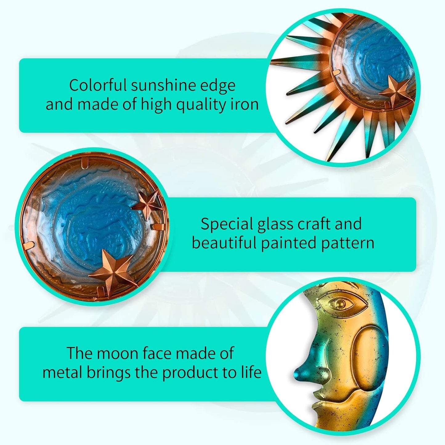 LIFFY Sun Metal Outdoor Wall Decor - 3D Sun Moon Metal Wall Sculpture - Hanging Decoration Gift