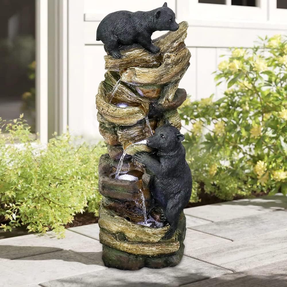 39.3 Inch 5 Tier Outdoor Garden Water Fountain Bears Climbing Tree Resin Fountain with LED Lights