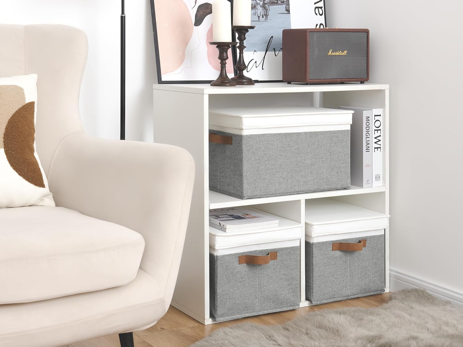 StorageWorks Storage Bins with Lids, Decorative Storage Boxes with Lid and PU Handles, Foldable