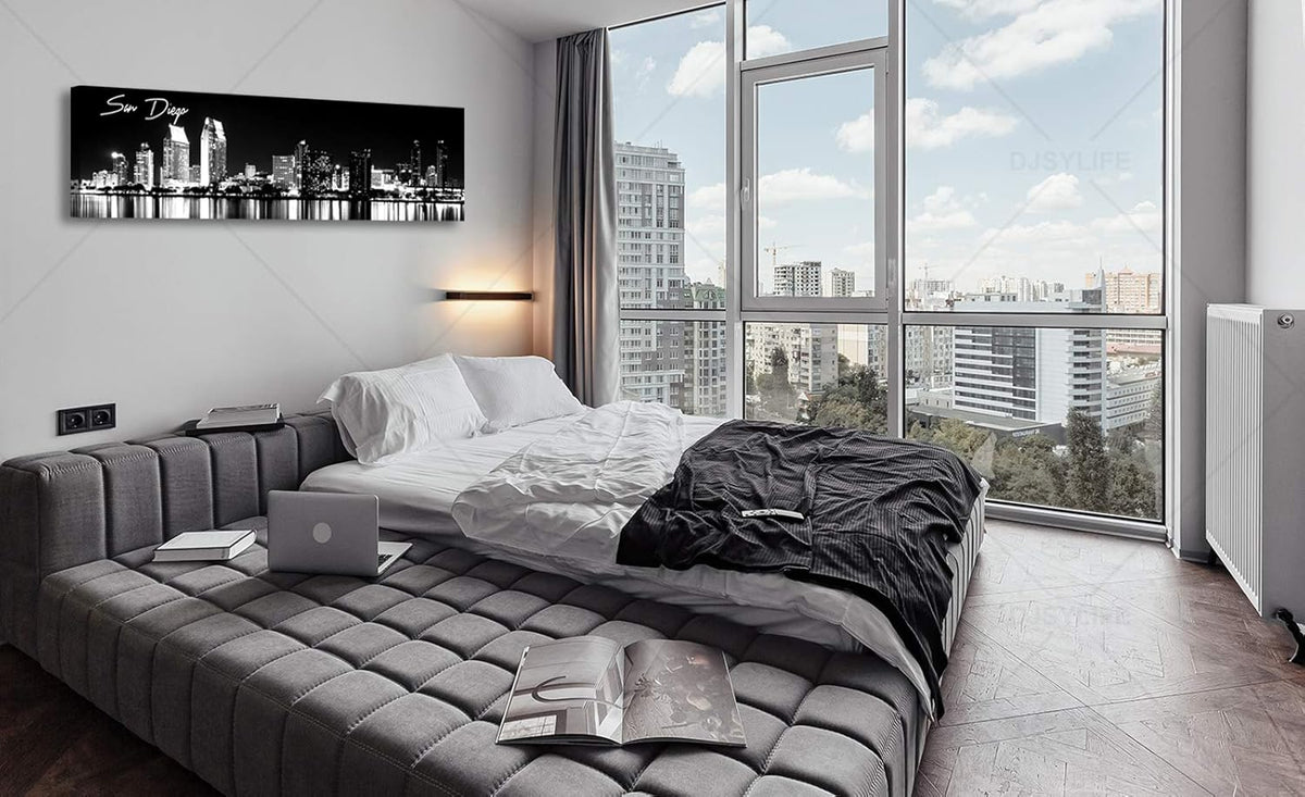 DJSYLIFE San Diego Skyline Wall Art Black and White Night View USA Cityscape California Pictures