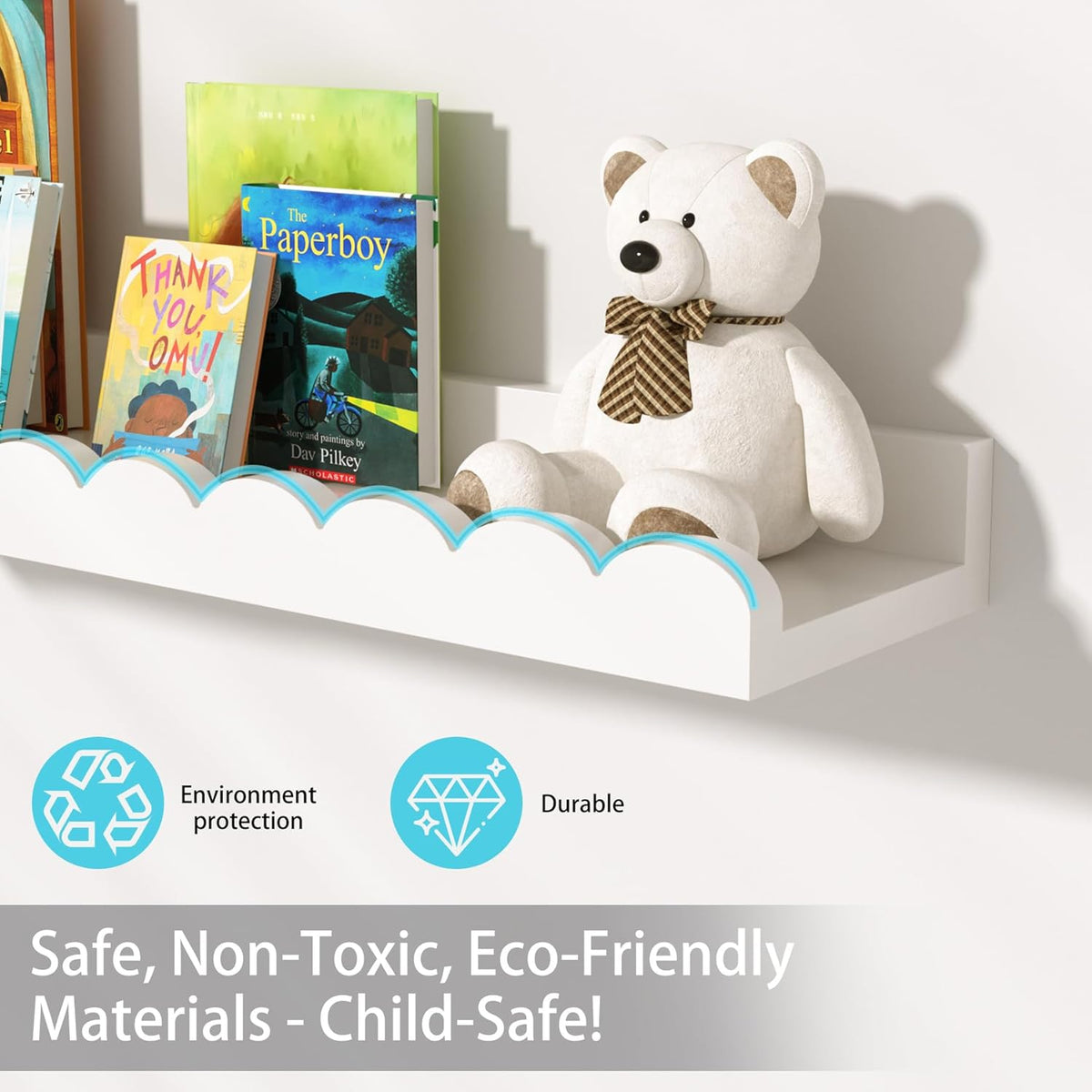 Nursery Book Shelves for Wall - Floating Kids Bookshelf for Bedroom, Nursery and Playroom - Wall