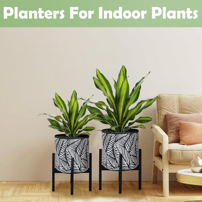 10 & 12 Inches Plant Pot with Stand Set of 2, Decorative Palm Leaves Printing Planter with Holder