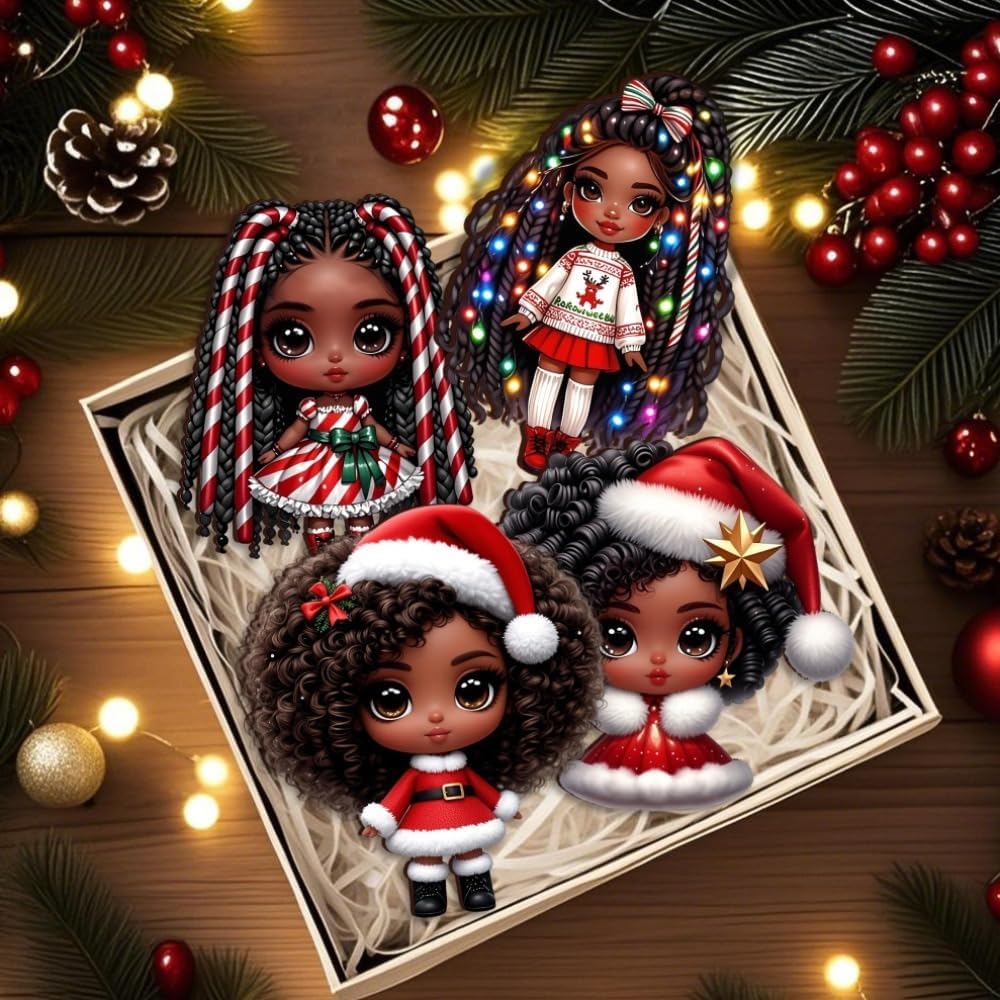 16pcs African American Black Chibi Girl Ornaments - Xmas/Christmas Wooden Decor, Gift Boxed for New