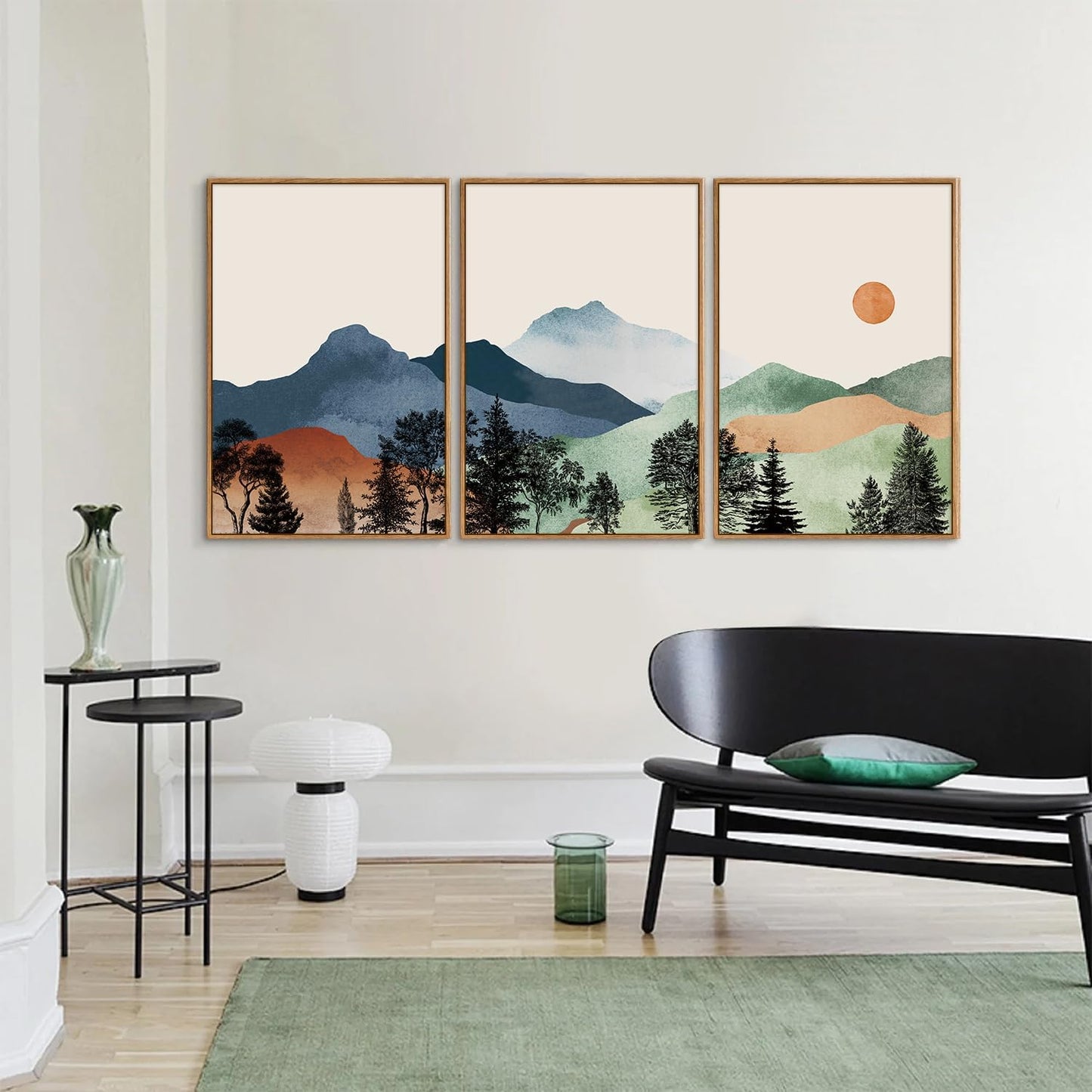 SIGNINART Boho Mountain Framed Canvas Wall Art Set of 3, Watercolor Nature Landscape Set Art
