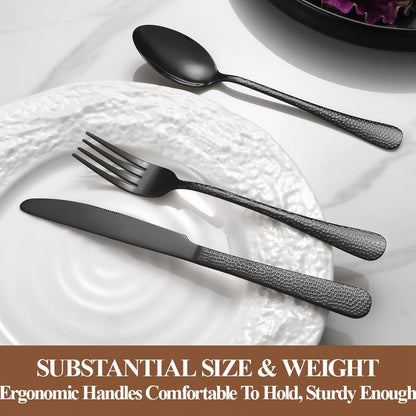 40 Pcs Black Silverware Set for 8 with Hammered Design, Food Grade Stainless Steel Flatware Set