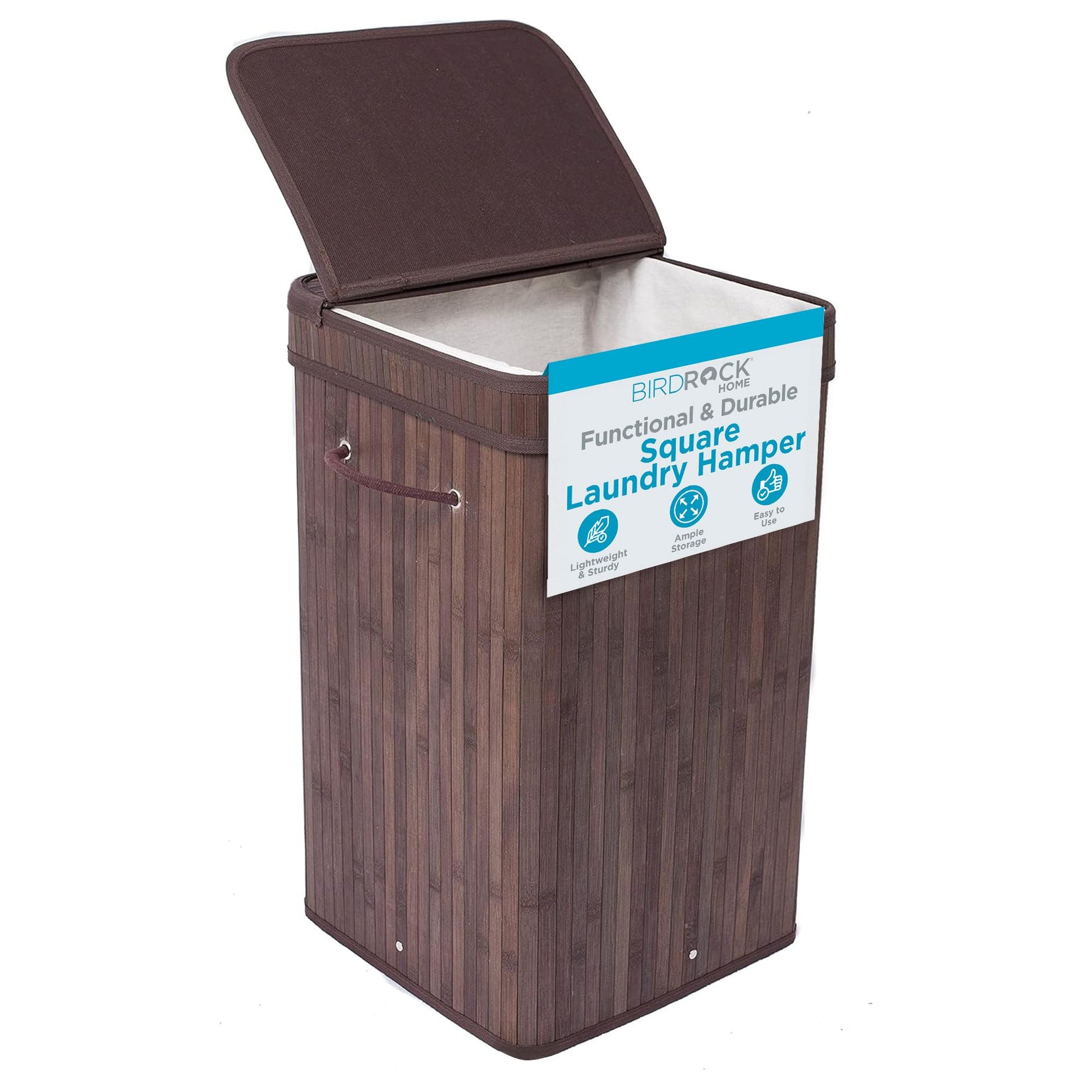 BirdRock Home Square Laundry Hamper with Lid and Cloth Liner | Bamboo | Espresso | Easily Transport
