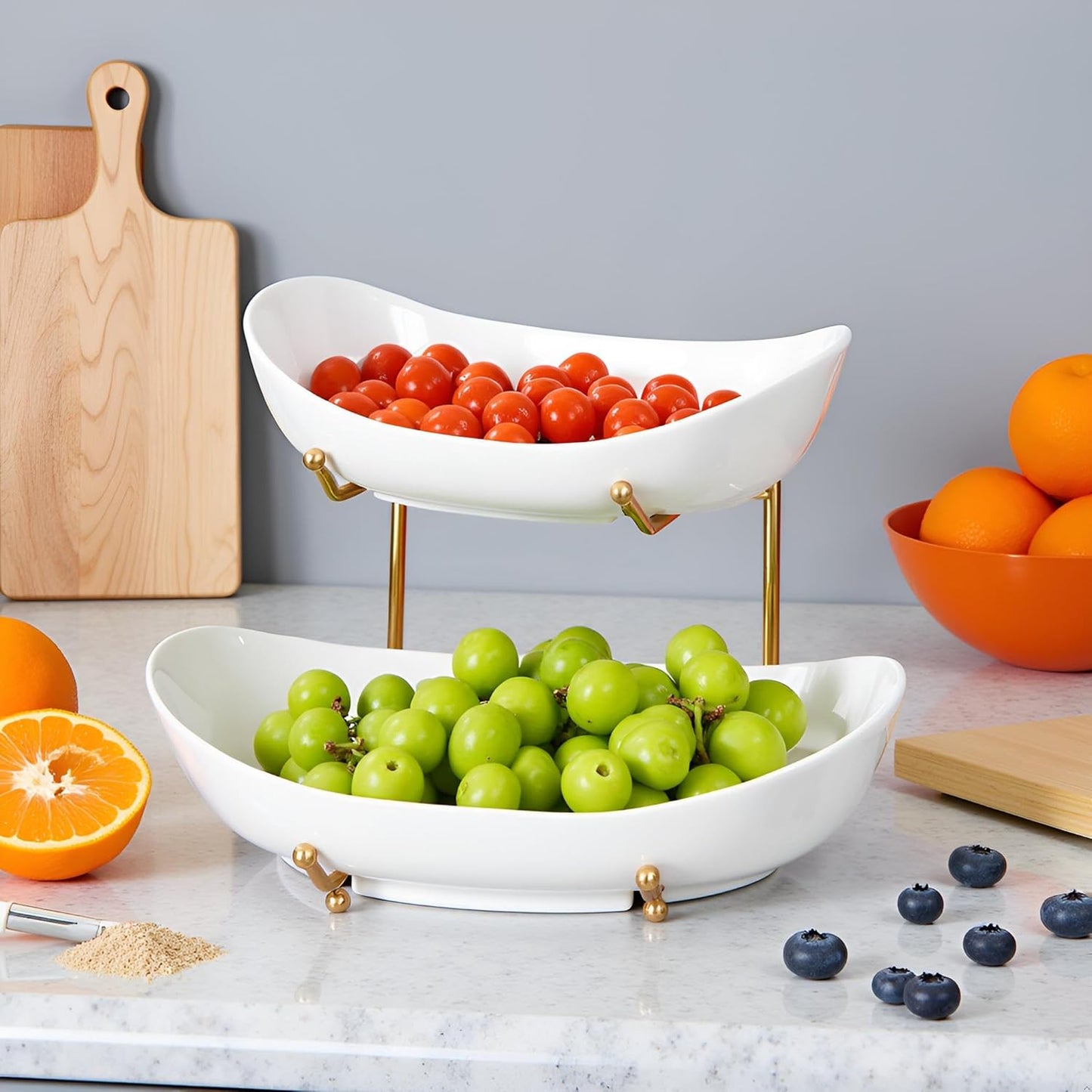HBlife Extra Large Fruit Basket for Kitchen Counter - 2 Tier Ceramic Fruit Bowl with Metal Stand