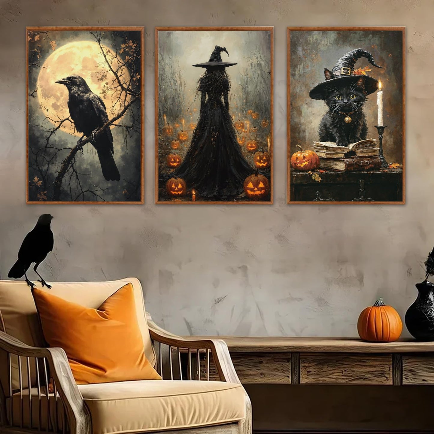 KAIRNE Framed Halloween Canvas Wall Art,Dark Witch Crow Prints,Black Cat Painting,Horror Gothic