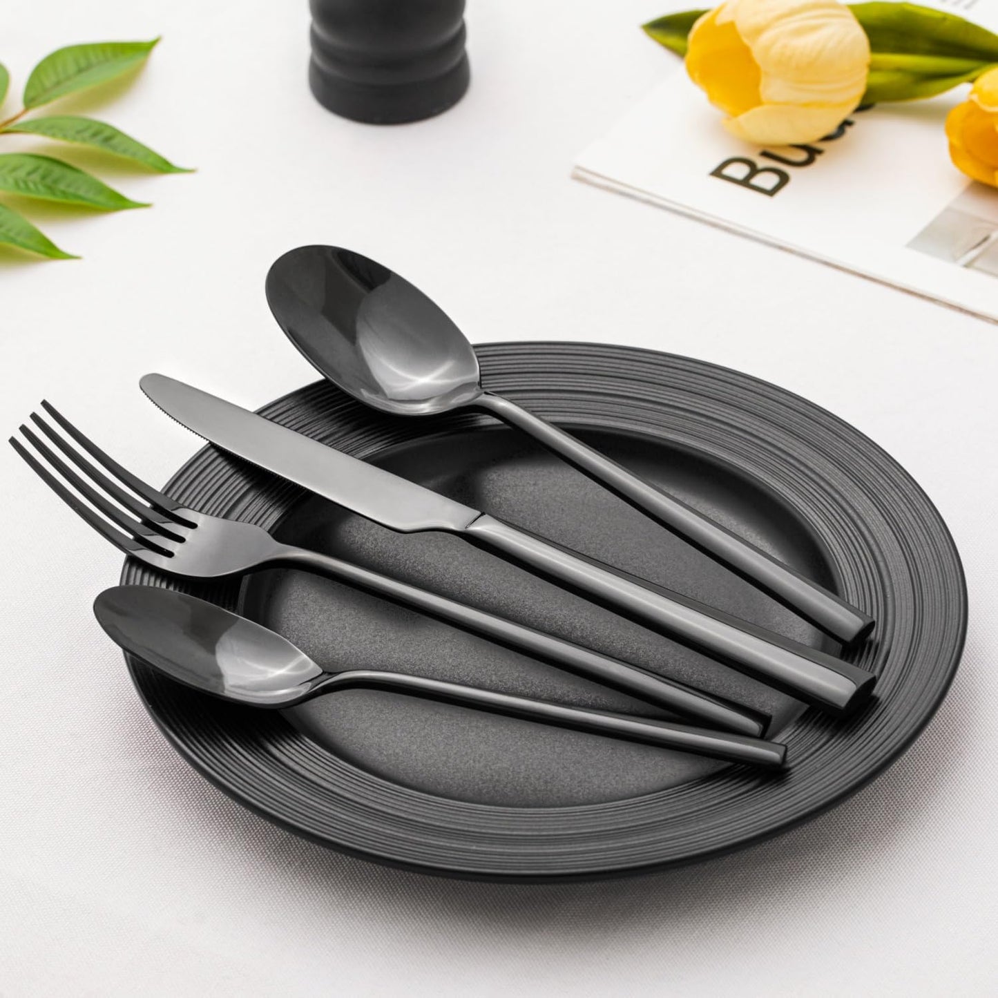 KINGSTONE Black Silverware Set, 20-Piece Forged Flatware Set Cutlery Set Premium Stainless Steel