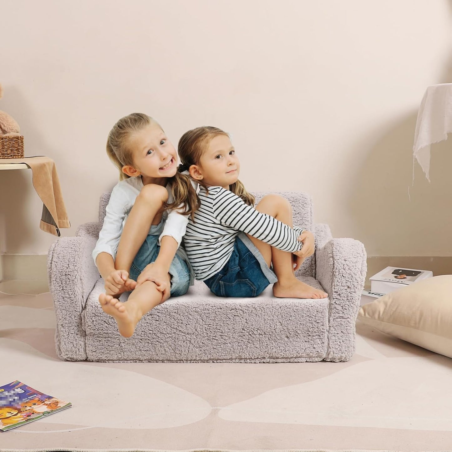 Kids Extra Wide Chairs for Toddler, 2-in-1 Toddler Soft Sherpa Couch Fold Out, Convertible Sofa to