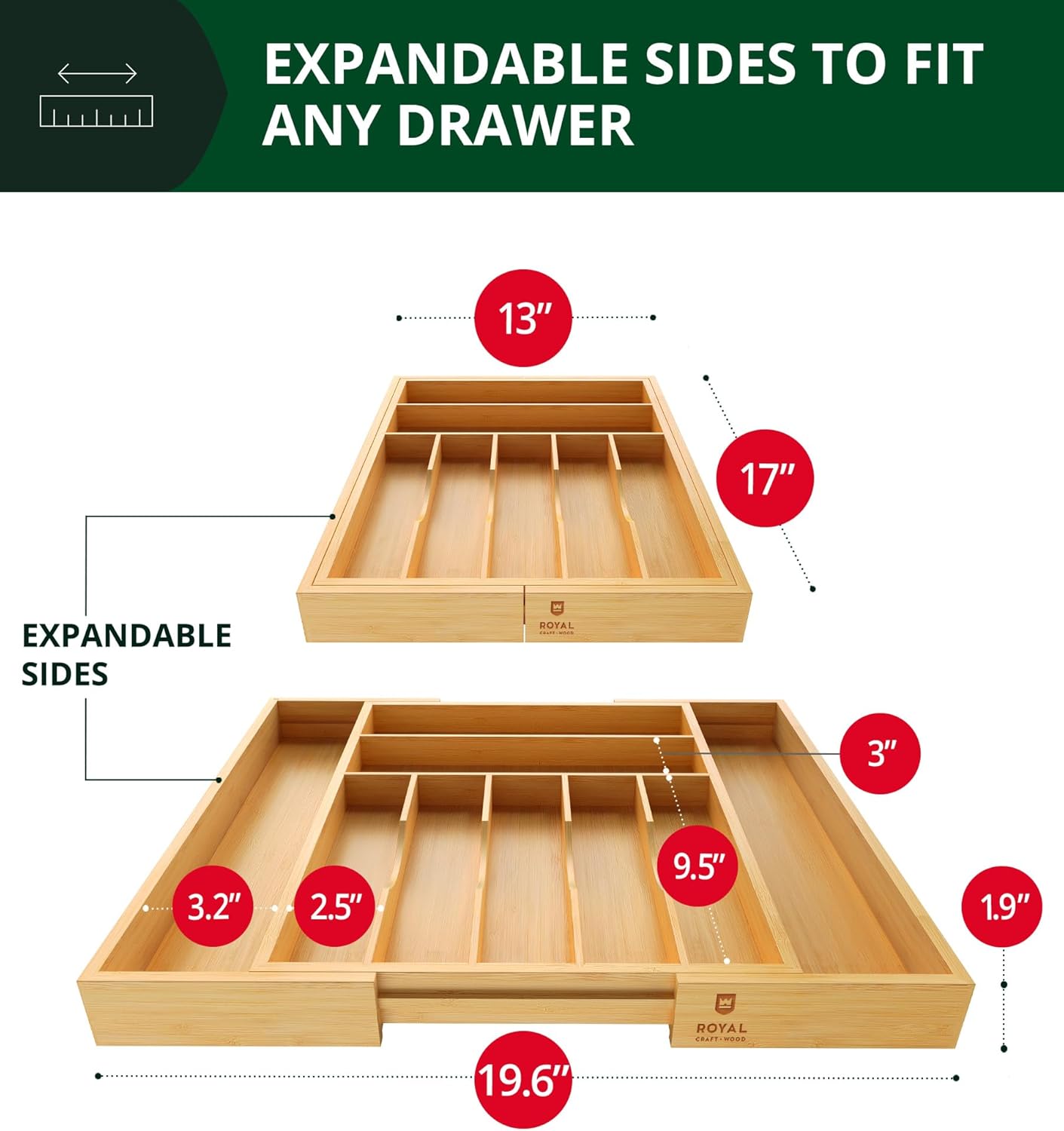 ROYAL CRAFT WOOD Luxury Bamboo Kitchen Drawer Organizer - Silverware Organizer, Utensil Holder &