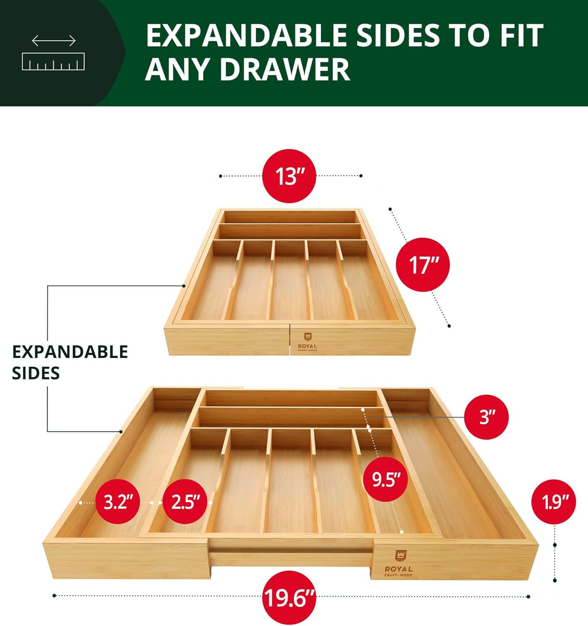 ROYAL CRAFT WOOD Luxury Bamboo Kitchen Drawer Organizer - Silverware Organizer, Utensil Holder &