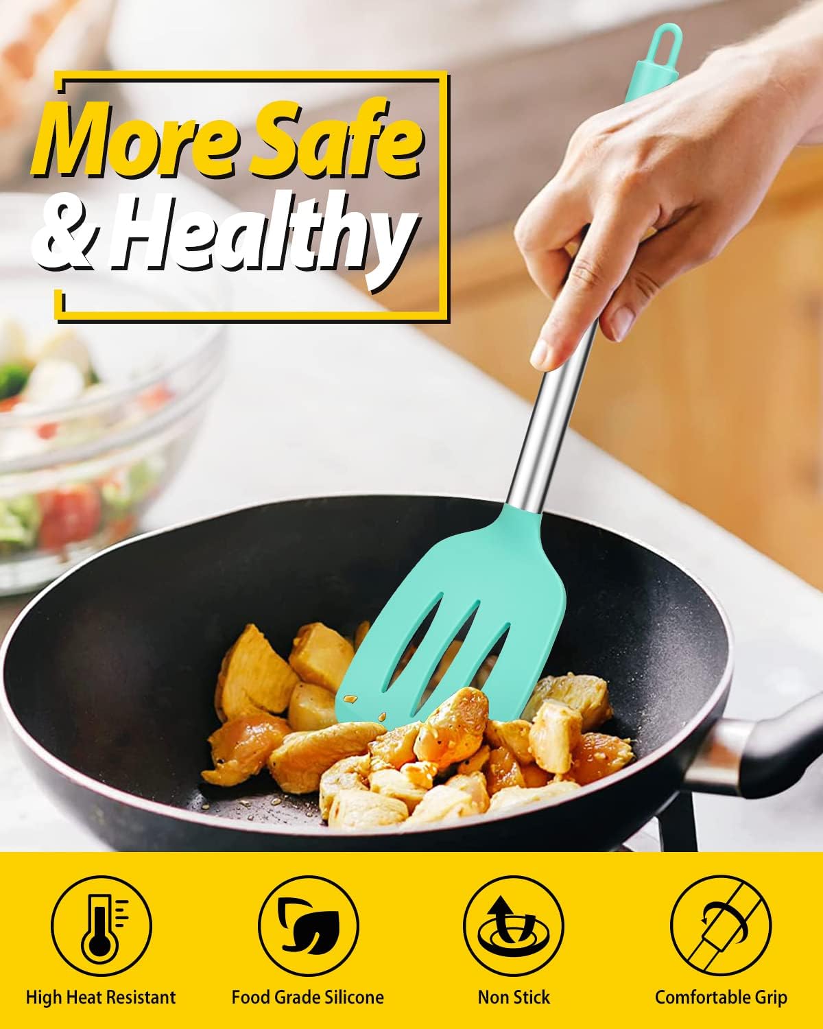 Pack of 2 Silicone Solid Turner, Non Stick Slotted Kitchen Spatulas, High Heat Resistant BPA Free