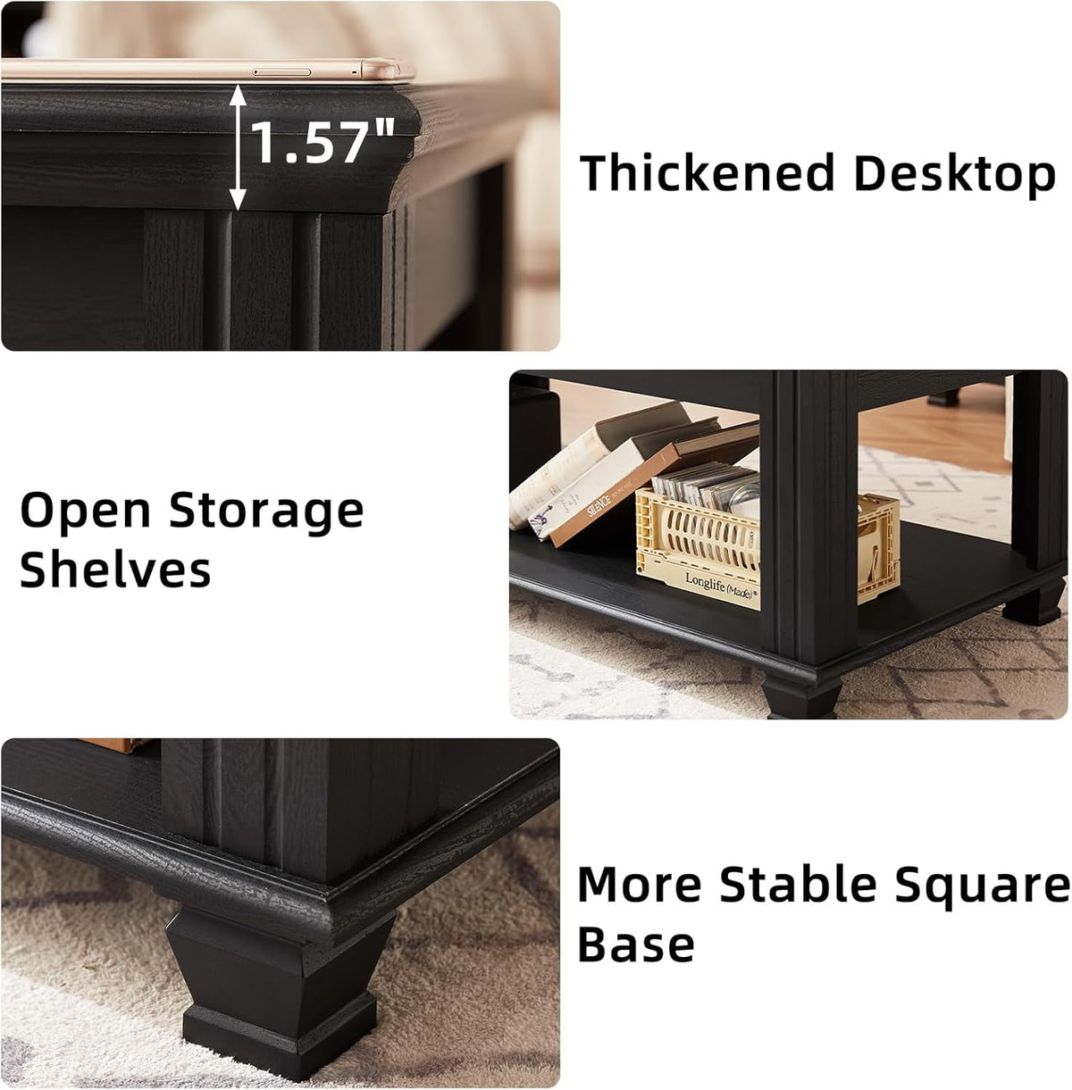 Farmhouse Coffee Tables for Living Room,Square Tea Table with Open Storage Shelf,Large Coffee