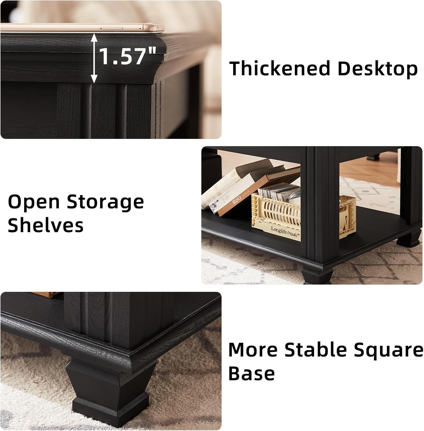 Farmhouse Coffee Tables for Living Room,Square Tea Table with Open Storage Shelf,Large Coffee