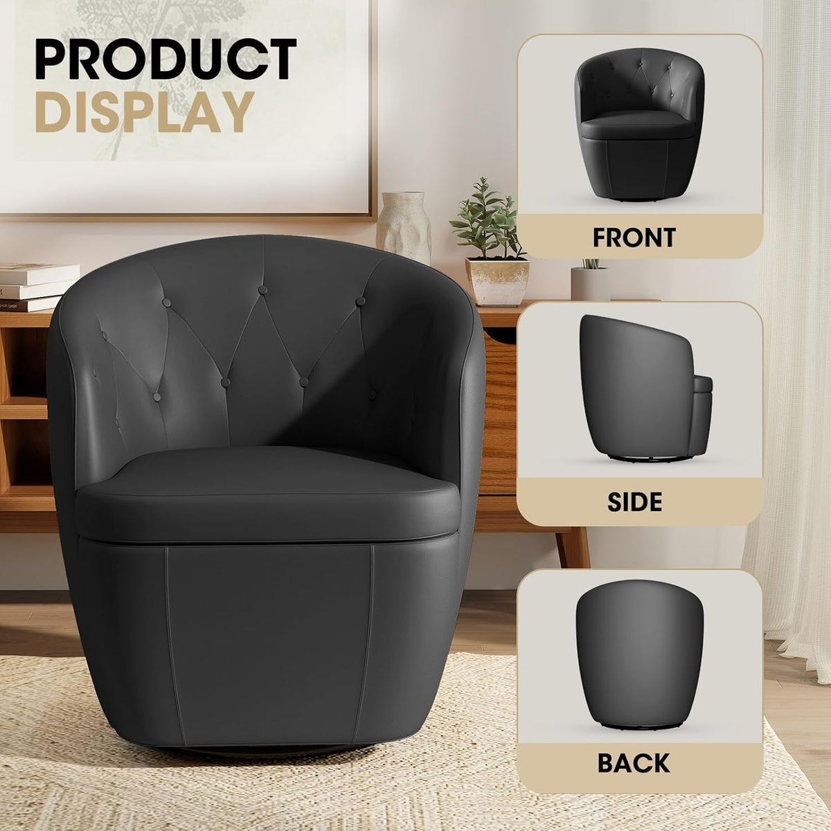 360° Swivel Leather Accent Chair, Modern Barrel Club Chair with Leather Upholstery and Sturdy Base