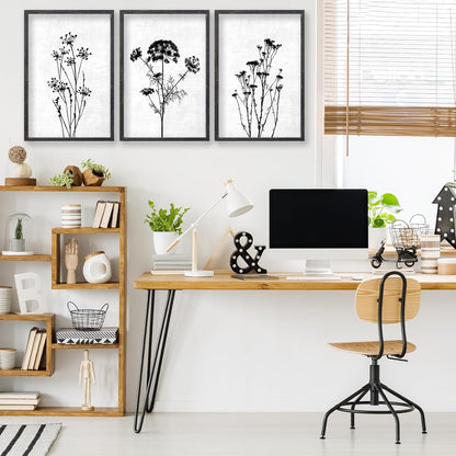 Flower Plant Wall Art Decor 16"x11" Set of 3 Black And White Botanical Painting Wood Framed For