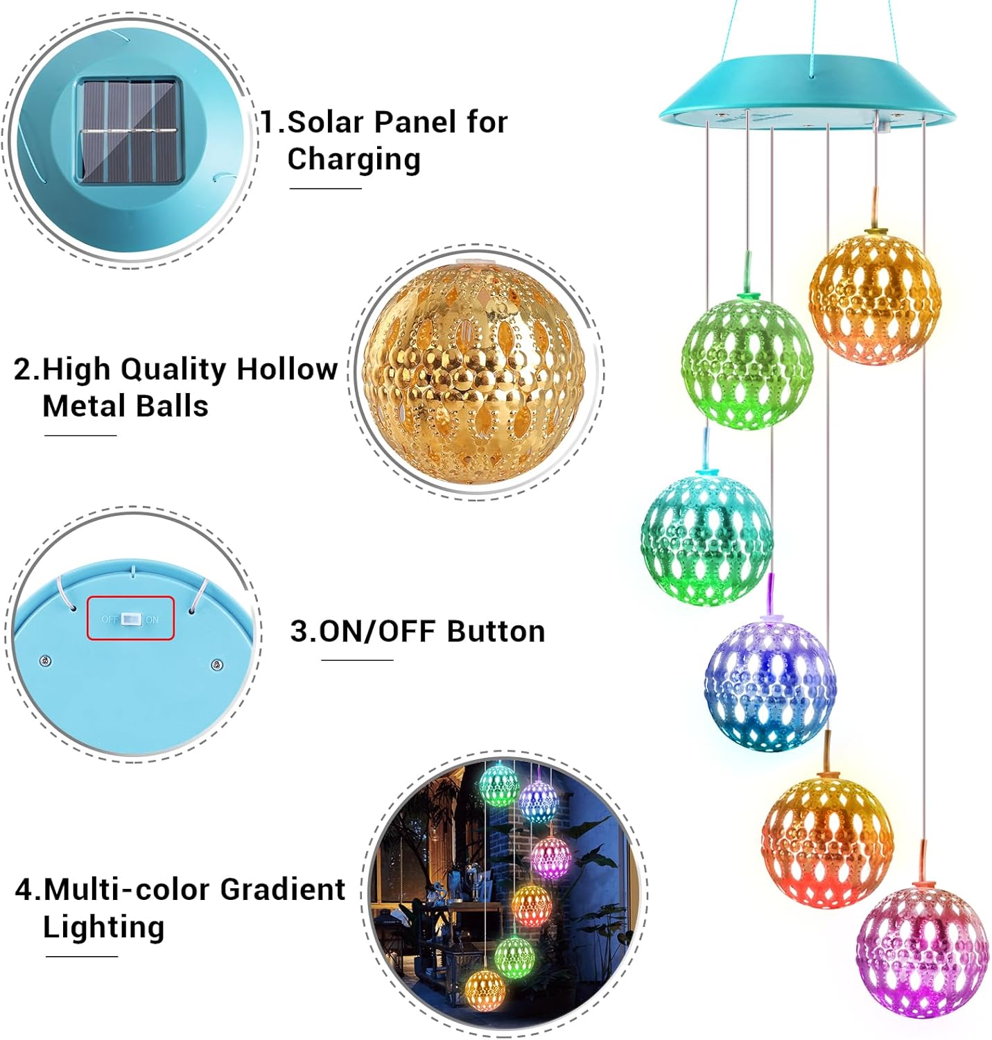Toodour Solar Wind Chime, Color Changing Moroccan Ball Wind Chimes, LED Decorative Mobile, Gifts