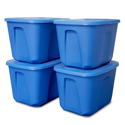 HOMZ 4-Pack Durable Molded Bin, Plastic Storage Containers w/Lids, 10 Gallon, Blue - Stackable