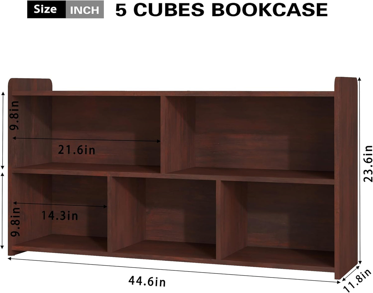 Book Shelf Set of 2, 5 Cubes Storage Organizer, Open Shelf Wooden Bookcase, Freestanding Cherry