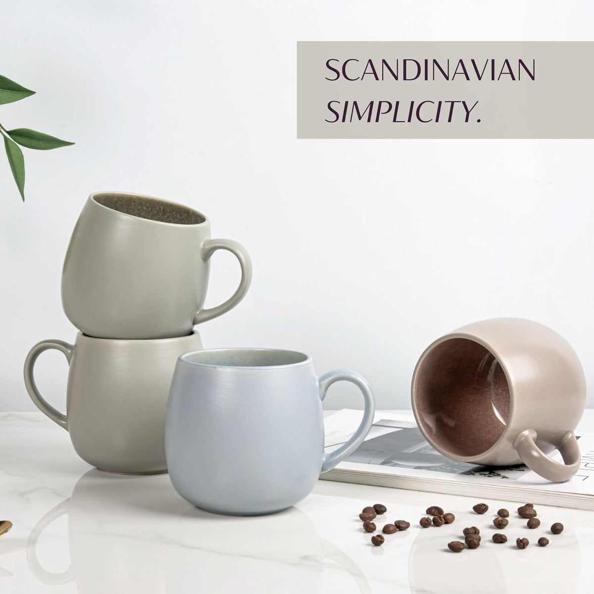 Ceramic Coffee Mugs Set of 6, 14oz - Modern Scandinavian Aesthetic - Microwavable Stoneware Coffee